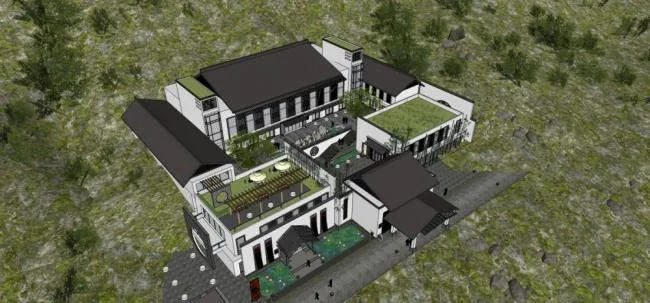 Sketchup酒店模型|多层山地酒店，中式风格