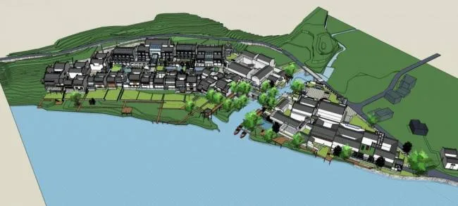 Sketchup酒店模型|徽派湖边休闲度假村，多层酒店，中式风格