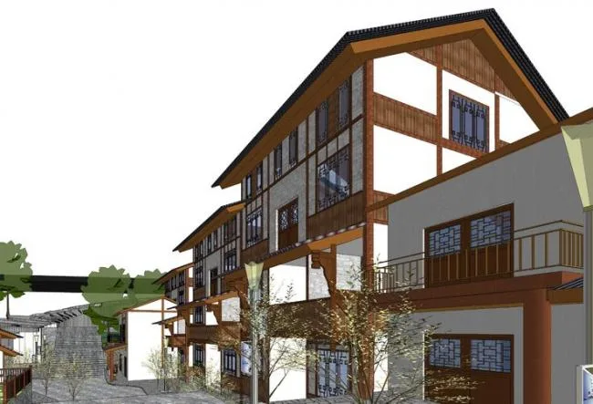 Sketchup酒店模型|多层酒店，民族风吊脚楼，山地建筑，中式风格