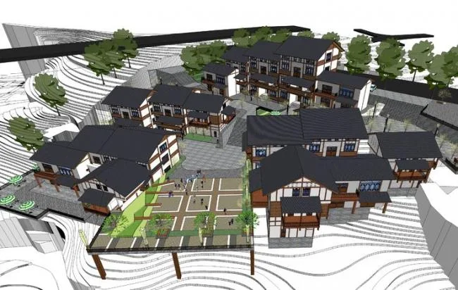 Sketchup酒店模型|多层酒店，民族风吊脚楼，山地建筑，中式风格