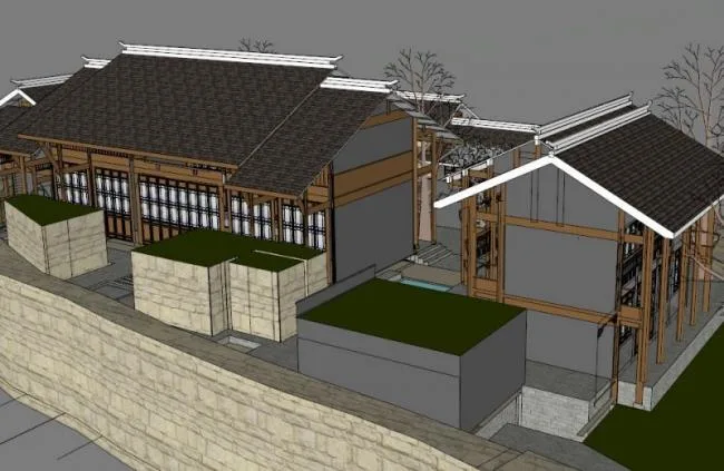 Sketchup住宅模型|中式落院，低层