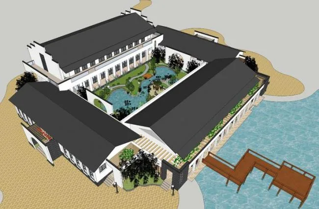 Sketchup酒店模型|多层酒店带围廊，院落，徽派建筑，中式风格