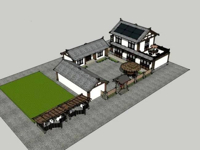 Sketchup酒店模型|多层民宿，中式风格，酒店建筑