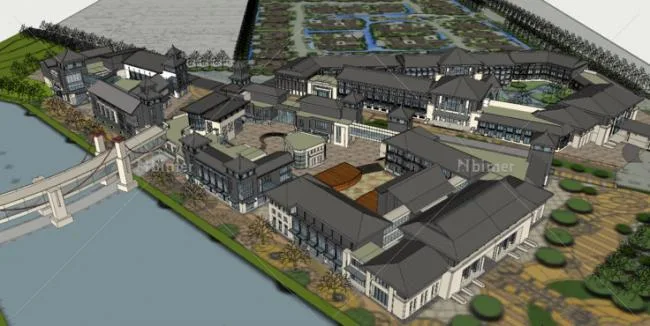 Sketchup酒店模型|多层酒店，民俗风情度假村，中式风格