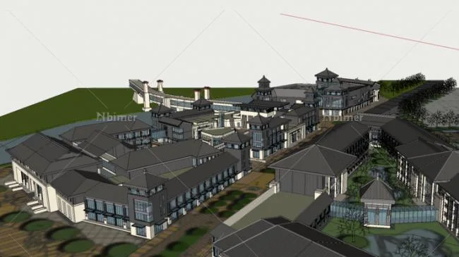 Sketchup酒店模型|多层酒店，民俗风情度假村，中式风格