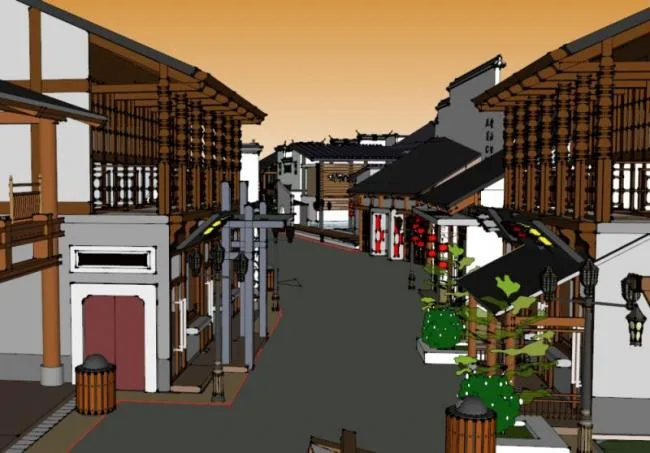 Sketchup商业模型|多层徽派商业街，现代中式