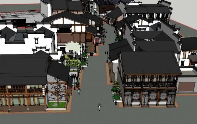 Sketchup商业模型|多层徽派商业街，现代中式