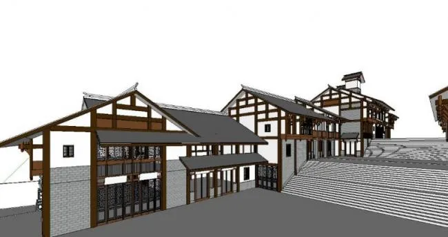 Sketchup商业模型|商业街，现代中式风格