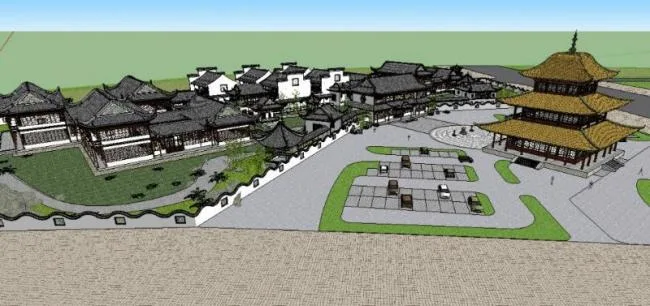 Sketchup酒店模型|多层徽派酒店，中式风格