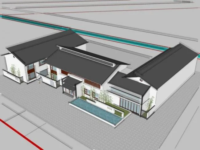 Sketchup商业模型|低层会所，现代中式风格