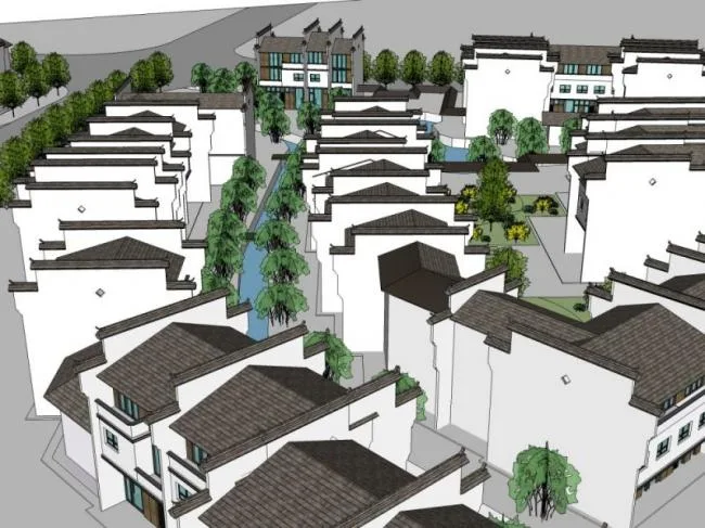 Sketchup住宅模型|徽派联排住宅，现代中式风格