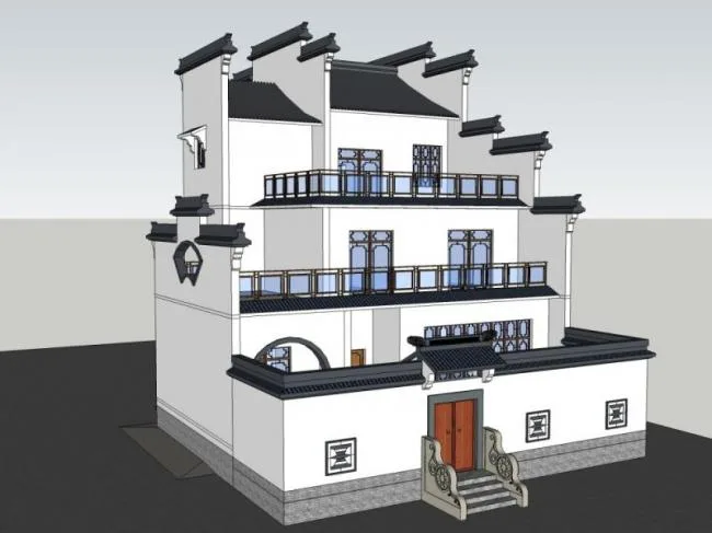 Sketchup住宅模型|多层徽派民居，现代中式风格