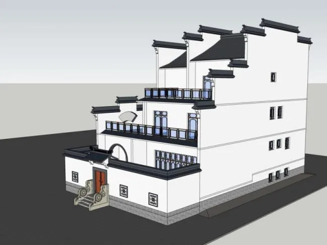 Sketchup住宅模型|多层徽派民居，现代中式风格