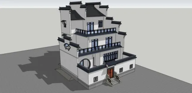 Sketchup住宅模型|多层徽派民居，现代中式风格