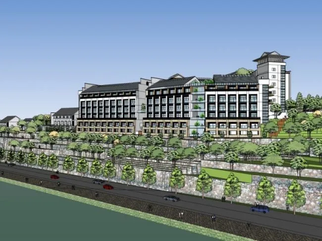 Sketchup酒店模型|多层山地酒店，中式风格