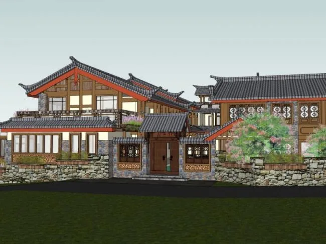 Sketchup酒店模型|多层旅馆，中式风格