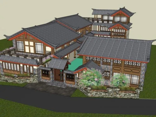 Sketchup酒店模型|多层旅馆，中式风格