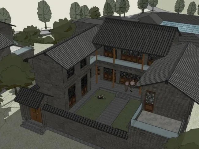 Sketchup酒店模型|多层园林酒店，中式风格