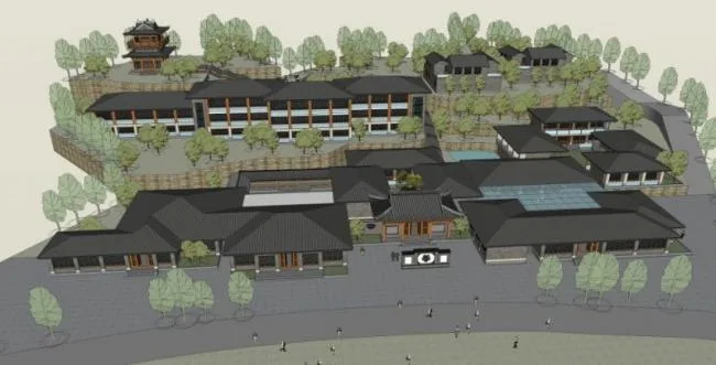 Sketchup酒店模型|多层园林酒店，中式风格