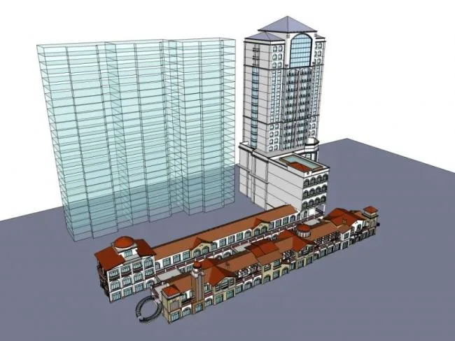 Sketchup酒店模型|高层酒店及商业街，西班牙风格