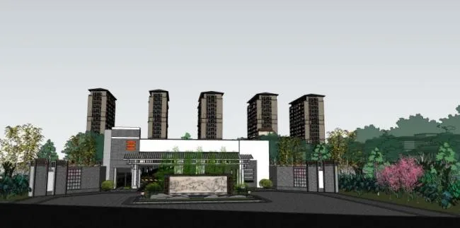 Sketchup住宅模型|高层住宅，现代中式风格