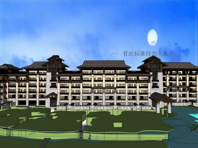 Sketchup酒店模型|多层山地酒店，中式风格