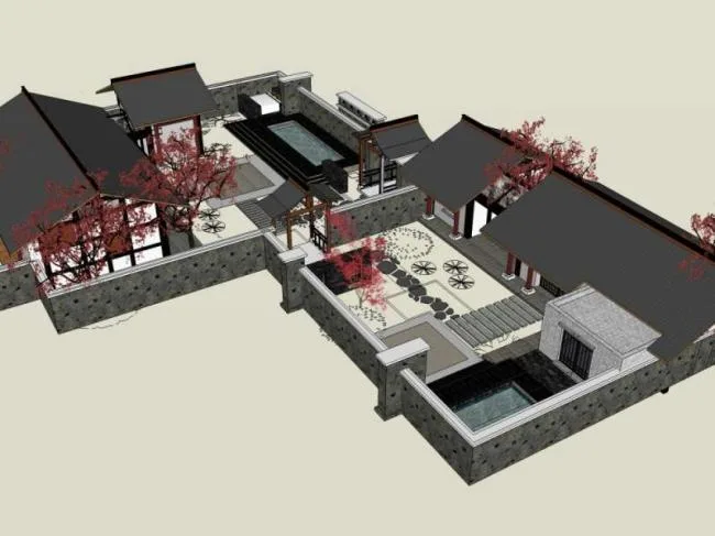 Sketchup住宅模型|庭院住宅，中式风格