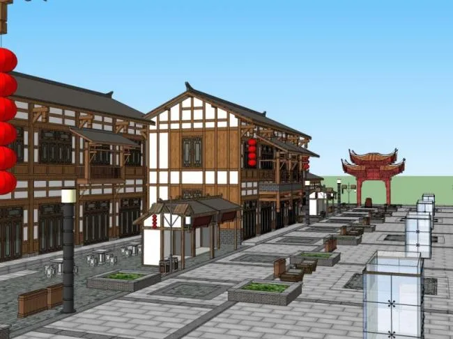 Sketchup商业模型|多层商业步行街，中式风格