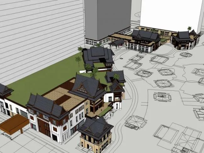 Sketchup酒店模型|多层度假酒店，中式风格