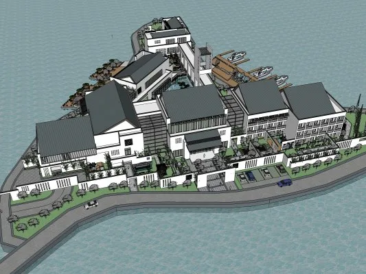 Sketchup酒店模型|多层温泉酒店，现代中式风格