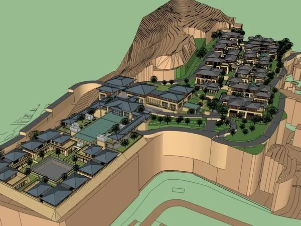 Sketchup酒店模型|多层山地酒店，中式风格，汉唐风格