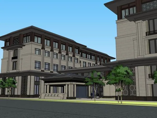 Sketchup酒店模型|多层酒店，现代中式风格