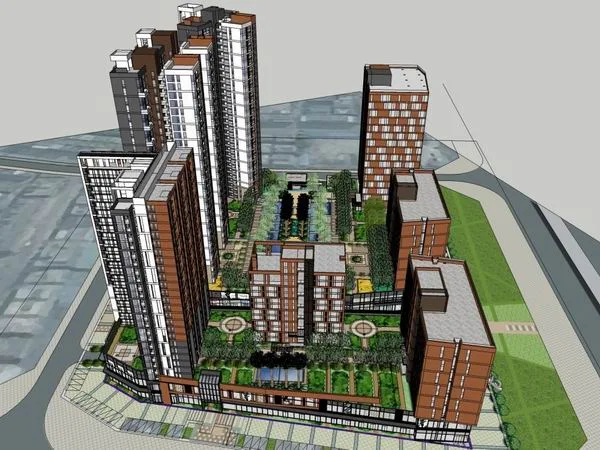 Sketchup住宅模型|高层住宅，底层商业，现代风格