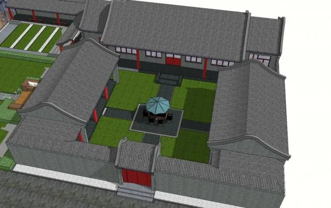 Sketchup住宅模型|多层带内院的四合院，住宅，中式风格
