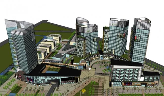 Sketchup综合体模型|大型城市商业综合体，多层高层混合，写字楼，公寓，步行街，购物中心，现代风格