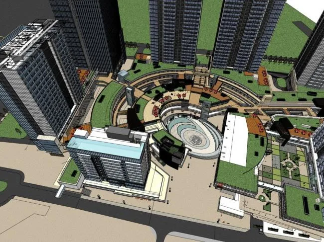 Sketchup综合体模型|高层商业综合体，现代风格，商业裙房，办公酒店