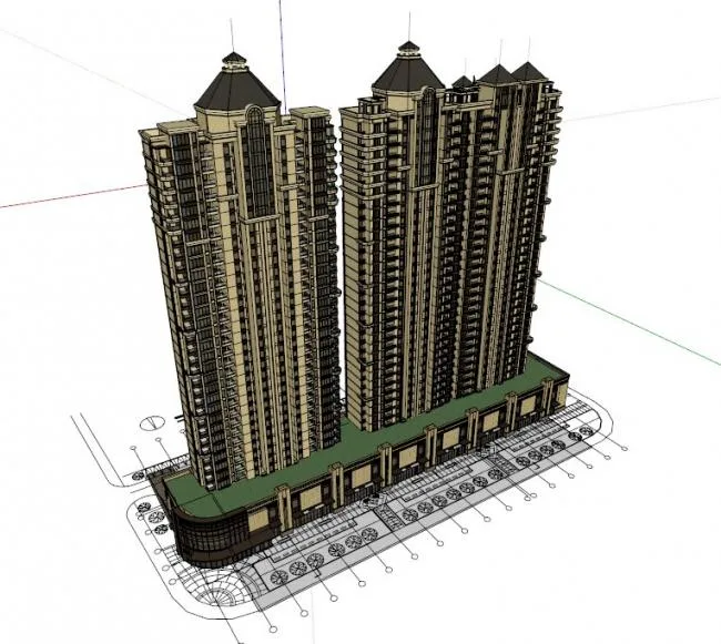 Sketchup住宅模型|超高层住宅，底层商业，古典风格