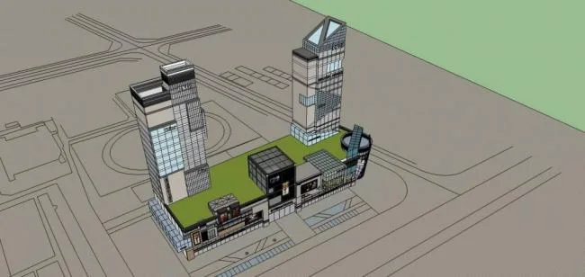 Sketchup综合体模型|高层商业综合体，现代风格，商业裙房，酒店办公