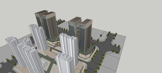 Sketchup综合体模型|高层商业综合体，双塔概念方案，现代风格，酒店办公，商业裙房
