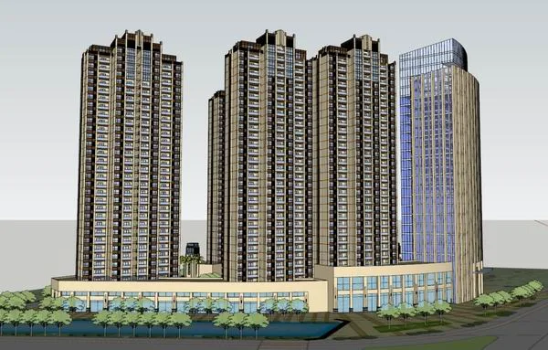 Sketchup住宅模型|高层住宅，办公楼和沿街商业，现代风格