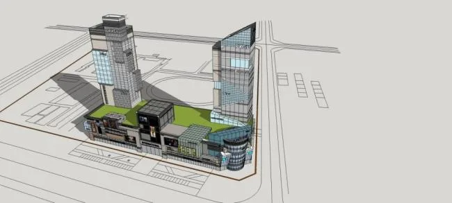 Sketchup综合体模型|高层商业综合体，现代风格，商业裙房，酒店办公