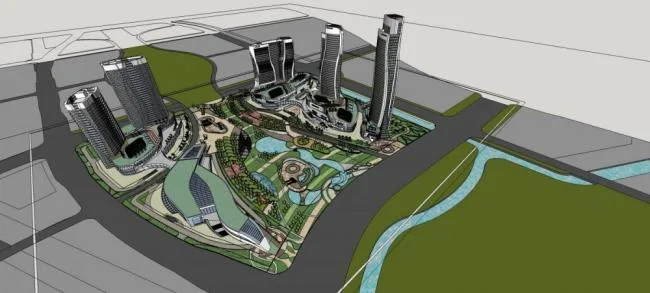 Sketchup综合体模型|超高层商业综合体，办公区，酒店，异形，现代风格