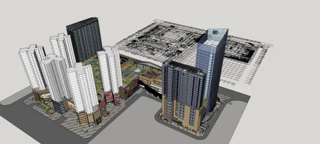 Sketchup综合体模型|多层高层混合，商业裙房，综合体，酒店办公，现代风格