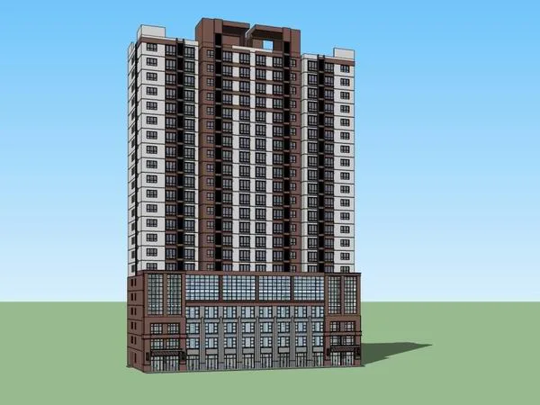 Sketchup住宅模型|高层住宅，底部商业，现代风格，22层
