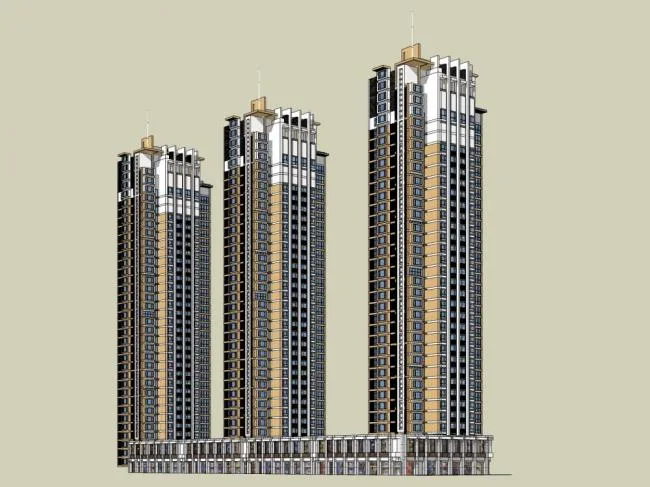 Sketchup住宅模型|高层住宅，现代风格，底部商业，33层