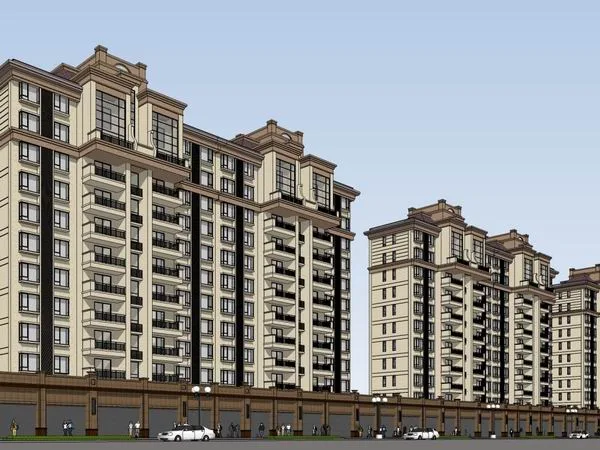 Sketchup住宅模型|高层住宅公寓，底部商业，古典风格