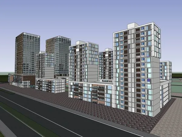 Sketchup住宅模型|高层住宅，底部商业，沿街底商，现代风格，19层