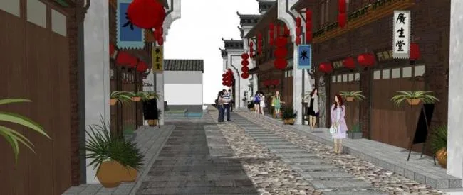 Sketchup商业模型|多层商业区，中式风格