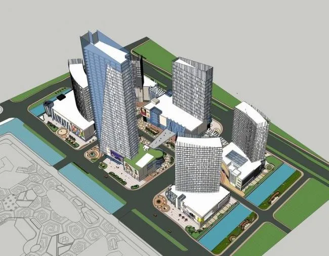 Sketchup综合体模型|多层高层混合商业综合体，高层办公楼，现代风格
