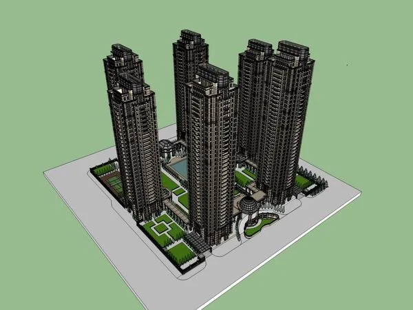 Sketchup住宅模型|超高层住宅小区，古典风格，32层